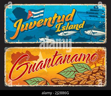 Isla de la Juventud et Guantanamo les régions cubaines vectorisées de plaques et autocollants de voyage. Drapeau de Cuba et cartes des provinces cubaines signes rétro avec palmiers, café, bateau de pêche et poissons de la mer des Caraïbes Illustration de Vecteur