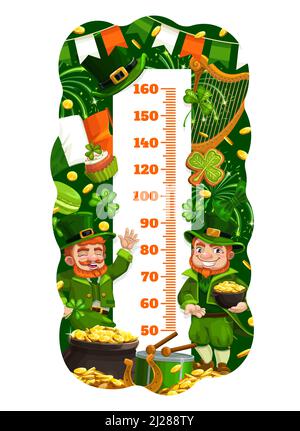 Tableau de hauteur pour enfants avec limes de dessin animé et or, mesure de croissance vectorielle. Mesure de la hauteur des enfants bébé grande échelle avec des limes de jour irlandais Patrick, des pièces d'or, des drapeaux irlandais et des bonbons Illustration de Vecteur