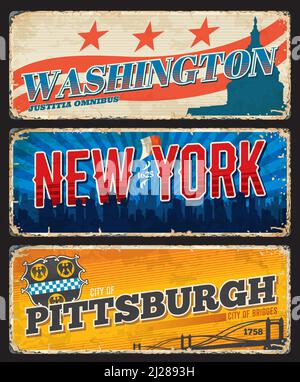 Plaques ou autocollants de voyage pour les villes américaines de Pittsburgh, New York et Washington. Etats-Unis d'Amérique ville grunge TiN signe, plaque de vecteur avec métropole paysage urbain, capitol et pont silhouettes Illustration de Vecteur