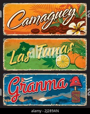 Granma, Camaguey, Las Tunas régions cubaines plaques de voyage et autocollants avec drapeau vecteur, carte et blason chapeau de Phrygian. Plantation de café, d'oranges et de canne à sucre, paysage de montagne, signes de mariposa Illustration de Vecteur