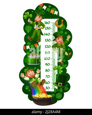 Tableau de taille pour enfants, limaces rigolo, appareil de mesure de la croissance, fond vectoriel. Tableau de hauteur de dessin animé pour enfants ou échelle de mesure pour bébé avec limes de jour irlandais Patrick, pièces d'or et arc-en-ciel Illustration de Vecteur