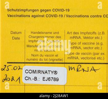 Francfort, Allemagne - 11 mars 2021 : livre de vaccination allemand avec vaccination documentée par comirnagie. Banque D'Images