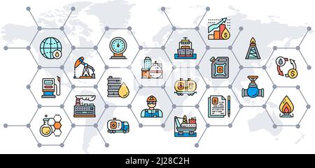 Bannière de présentation de l'industrie pétrolière avec icônes colorées. Camion de carburant, ingénieur, essence, navire de cargaison infographics pour le concept d'affaires Web. Illustration de Vecteur