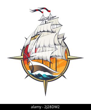 Tatouage coloré de Sail Sail Sail Sail Ship à l'intérieur du vent Rose gravure isolée sur blanc. Illustration vectorielle. Illustration de Vecteur