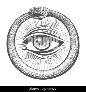 Tatouage ésotérique de tous les yeux voyant à l'intérieur du cercle de serpent d'Ouroboros isolé sur blanc. Illustration vectorielle. Illustration de Vecteur