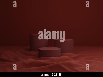 Acajou foncé Rouge composition de trois podiums ou supports pour l'affichage de produit placé sur tissu avec neutre, simple, minimum de rendu de fond 3D Banque D'Images