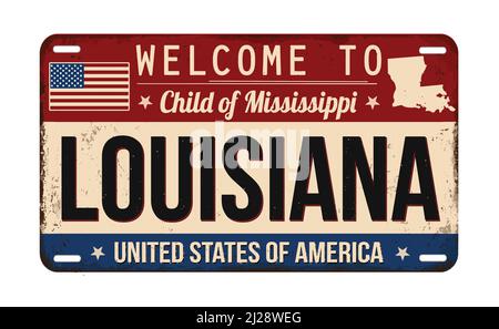 Bienvenue à la plaque d'immatriculation rouille de Louisiane vintage sur fond blanc, illustration vectorielle Illustration de Vecteur
