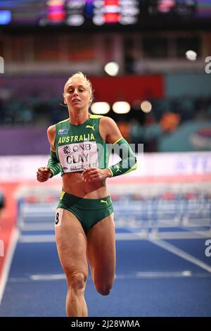 Liz Clay participant aux Championnats du monde en salle de Belgrade 2022 dans les 60m haies. Banque D'Images