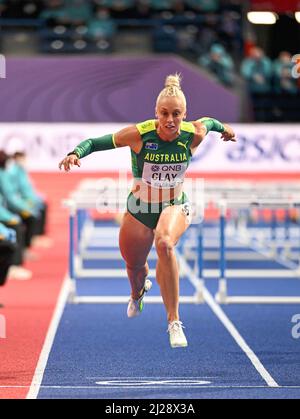 Liz Clay participant aux Championnats du monde en salle de Belgrade 2022 dans les 60m haies. Banque D'Images