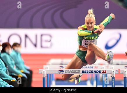 Liz Clay participant aux Championnats du monde en salle de Belgrade 2022 dans les 60m haies. Banque D'Images