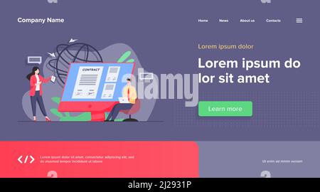 Les gens d'affaires signant le contrat en ligne avec l'illustration de vecteur de signe électronique. Les responsables parviennent à un accord officiel. Documents officiels, contr. En ligne Illustration de Vecteur