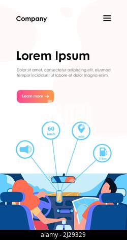Conducteur et passager naviguant sur la route à l'intérieur d'une carte et d'une application mobile. Vue arrière des personnes à l'intérieur de la voiture. Illustration vectorielle pour la navigation, la transmission Illustration de Vecteur