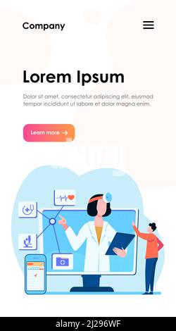 Illustration vectorielle de l'assistance médicale en ligne. Homme utilisant l'application pour smartphone pour consulter un médecin. Homme patient discutant avec un praticien sur Internet Illustration de Vecteur