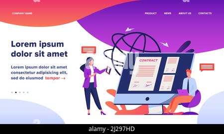Les gens d'affaires signant le contrat en ligne avec l'illustration de vecteur de signe électronique. Les responsables parviennent à un accord officiel. Documents officiels, contr. En ligne Illustration de Vecteur