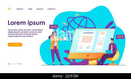 Les gens d'affaires signant le contrat en ligne avec l'illustration de vecteur de signe électronique. Les responsables parviennent à un accord officiel. Documents officiels, contr. En ligne Illustration de Vecteur