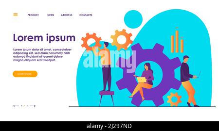 Équipe d'affaires travaillant ensemble sur le mécanisme de roue dentée. Personnes transportant des engins, utilisant des ordinateurs portables . Illustration vectorielle pour le travail d'équipe, la technologie, la solution, e Illustration de Vecteur