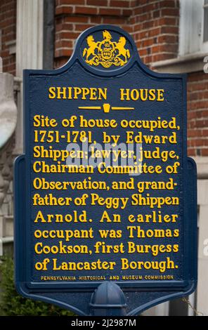 Marqueur historique de Shippen House à Lancaster, Pennsylvanie Banque D'Images