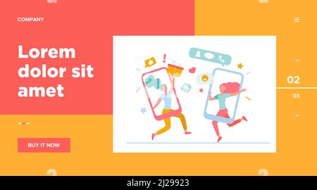 Clients partageant des références et gagnant de l'argent. Les utilisateurs de téléphones mobiles discutent, échangent des cadeaux. Illustration vectorielle pour recommander un ami, recommander, loy Illustration de Vecteur