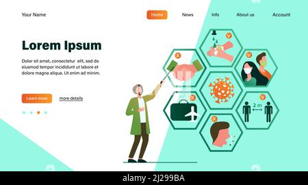 Médecin présentant des conseils pour la protection contre le coronavirus et la prévention de la propagation des épidémies. Illustration vectorielle pour Covid 19, symptômes, protection, sécurité, Illustration de Vecteur