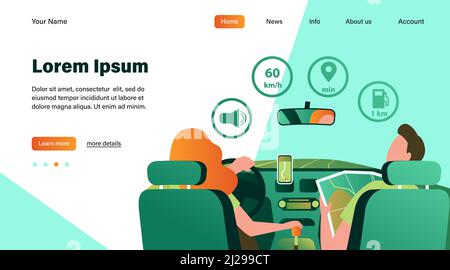 Conducteur et passager naviguant sur la route à l'intérieur d'une carte et d'une application mobile. Vue arrière des personnes à l'intérieur de la voiture. Illustration vectorielle pour la navigation, la transmission Illustration de Vecteur