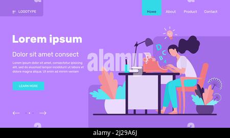 Femme écrivain utilisant la machine rétro de dactylographie. Jeune femme inspirant avec l'idée, écrivant un article créatif sur son lieu de travail. Illustration vectorielle pour la création Illustration de Vecteur