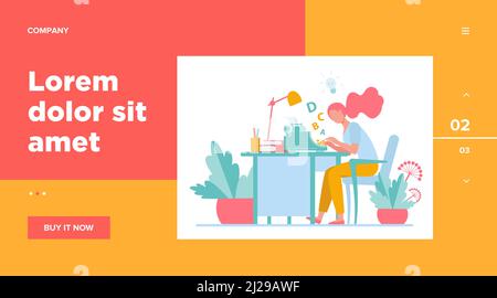 Femme écrivain utilisant la machine rétro de dactylographie. Jeune femme inspirant avec l'idée, écrivant un article créatif sur son lieu de travail. Illustration vectorielle pour la création Illustration de Vecteur