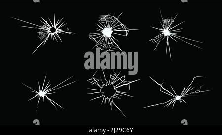 Jeu d'icônes plates en verre brisé. Fissures blanches de la fenêtre détruite ou cassée sur fond noir vecteur illustration collection. Violence, destruction et c Illustration de Vecteur