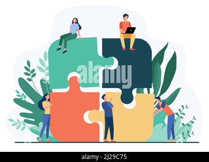 Équipe d'affaires mettant en place puzzle puzzle illustration vectorielle plate isolée. Partenaires de dessin animé travaillant en relation. Travail d'équipe, partenariat et coopération Illustration de Vecteur