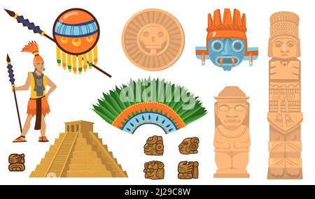 Jeu de symboles Aztec et Maya. Pyramide antique, guerrier inca, masques ethniques, dieux et objets idoles. Illustrations vectorielles plates pour la culture mexicaine, trad Illustration de Vecteur