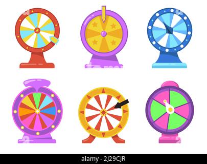 Ensemble d'articles plats colorés à motif roue de fortune. Roulette de jeu de dessin animé avec des flèches pour casino Internet isolé illustration de collection de vecteur. Loterie et Illustration de Vecteur