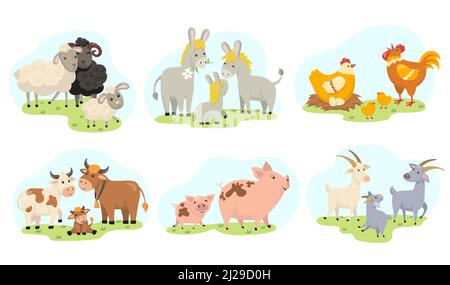 Ensemble d'illustrations plates de la famille animaux de ferme mignons. Collection d'illustrations vectorielles isolées de chèvre, de mouton, de poulet, de vache, de porc et d'âne. Educa Illustration de Vecteur