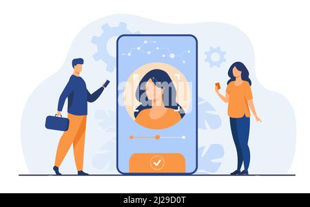 Reconnaissance faciale et sécurité des données. Les utilisateurs de téléphones portables ont accès aux données après une vérification biométrique. Pour la vérification, l'accès à l'ID personnel, l'identification Illustration de Vecteur