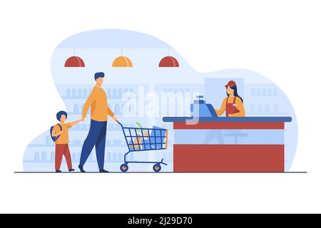 Père et fils achetant de la nourriture au supermarché. Illustration du vecteur plat du caissier, du chariot et du magasin. Shopping et épicerie concept pour bannière, site web de Illustration de Vecteur