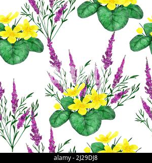 Motif aquarelle dessiné à la main avec fleurs sauvages de rivière, faune florale fond naturel avec pourpre pompier jaune trotrollius feuilles vertes motif prairie Banque D'Images