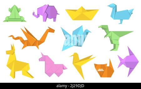 Jeu d'illustrations à plat pour animaux d'origami japonais. Collection d'illustrations vectorielles isolées de dessins animés en papier polygone cheval, lièvre, oiseau, grenouille, poisson et chat. M Illustration de Vecteur