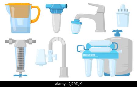 Kit de filtres à eau pour la conception de la toile. Cruches et robinets à dessin animé avec système de filtration, collection d'illustrations vectorielles isolées. Purification et cycle Illustration de Vecteur