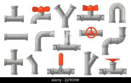 Jeu de tuyaux de plomberie. Tubes en métal gris avec vannes, conduites industrielles, purges d'eau isolées sur fond blanc. Illustrations vectorielles plates pour engin Illustration de Vecteur