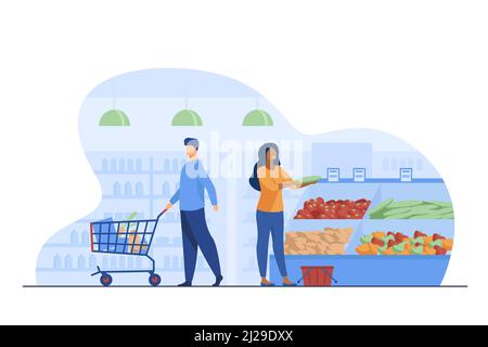 Les personnes qui choisissent des produits dans l'épicerie. Chariot, légumes, panier plat illustration vectorielle. Shopping et concept de supermarché pour bannière, site Web Illustration de Vecteur