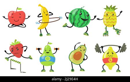 Ensemble de fruits sport. Dessin animé poire, pomme, avocat, fraise faisant du yoga, courant et poids de levage dans la salle de gym. Illustrations vectorielles plates pour une alimentation saine, Illustration de Vecteur