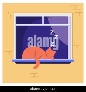 Chat endormi sur la fenêtre. Illustration du vecteur plat PET, Home, tomcat. Animaux domestiques et concept de relaxation pour la bannière, la conception de site Web ou landin Illustration de Vecteur