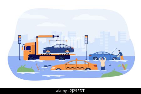 Inondation sur les routes de la ville. Les conducteurs et les camions de remorquage économisent les voitures endommagées contre les fortes pluies et les tempêtes. Illustration vectorielle pour la saison des pluies, la période de pluie, Illustration de Vecteur