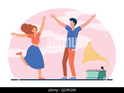 Jeune couple appréciant la fête rétro. Bonne fille et gars dansant à l'illustration de vecteur plat gramophone. Divertissement, romance, concept amusant pour bannière, Illustration de Vecteur