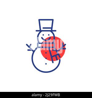 Bonhomme de neige souriant portant un chapeau et un foulard. Pixel Perfect, modifiable vecteur de contour amusant icône de couleur Illustration de Vecteur