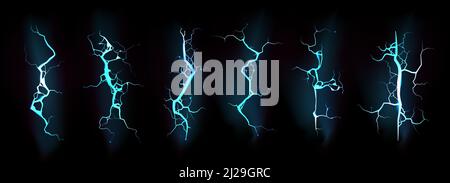 Éclair, coup d'éclair électrique de couleur bleue. Impact, fissure, éclair d'énergie magique. Décharge électrique puissante, 3D boulons vectoriels réalistes pendant la tempête de nuit isolés sur fond noir Illustration de Vecteur