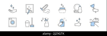 Dessiner les icônes du service de nettoyage avec aspirateur, seau, balai, spray et machine à laver. Ensemble vectoriel de signes dessinés à la main de travaux ménagers et de blanchisserie professionnels Illustration de Vecteur