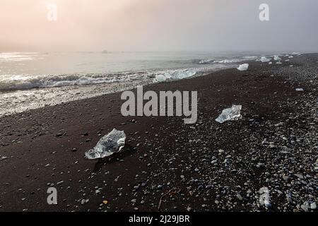 Cristaux de glace et galets sur la plage de lave noire, illuminés par le soleil du matin, plage de diamants en été, brume, Joekulsarlon, Vatnajoekull Banque D'Images