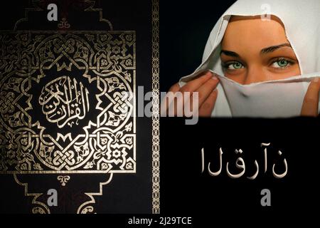 Le livre Saint Coran avec le script arabe et la jeune femme avec le niqab blanc Banque D'Images
