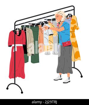 Femme près d'un rack avec vêtements. Illustration de Vecteur