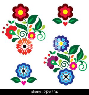 Ensemble de motifs vectoriels mexicains de style art folklorique avec fleurs, feuilles et coeur, carte de vœux sur invitation, éléments inspirés par l'ébroider traditionnel Illustration de Vecteur