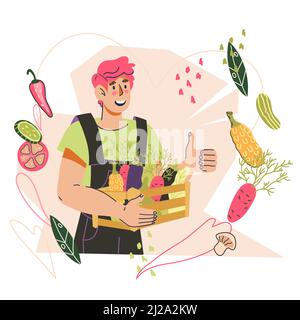 Fermier avec sa récolte de légumes et de fruits. Emblème ou logo , bannière ou toile de fond de flyer pour la production agricole, foire et marché végétariens, terrain plat Illustration de Vecteur